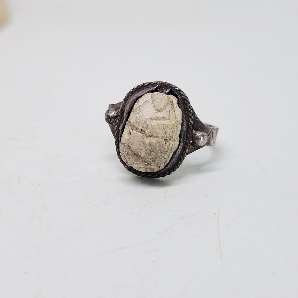Egyptian Antique Large Carved Faience Scarab Sterling Silver Ring Sz 8.75 Vtg